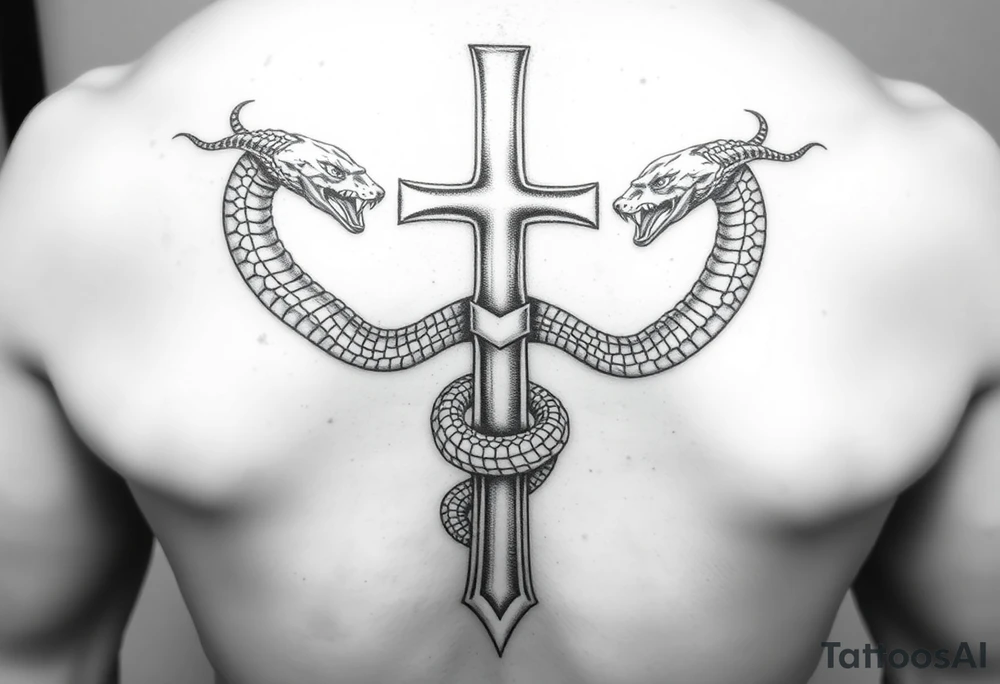 black and white drawing of a cross and a snake wrapped around it, leviathan cross, engulfed by a snake, which forms an infinity loop. The snake is depicted with intricate scales and a menacing expression, coiling tightly around the vertical shaft of the cross. The overall composition is bold and simplistic tattoo idea