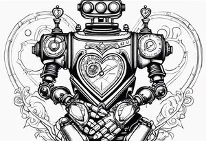 steampunk robot holding a beating heart in hands tattoo idea