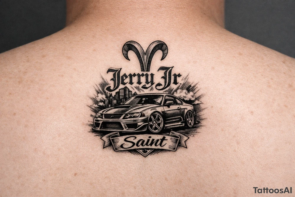 Aries symbol with Jerry Jr name and nickname Saint with a car with rims tattoo idea