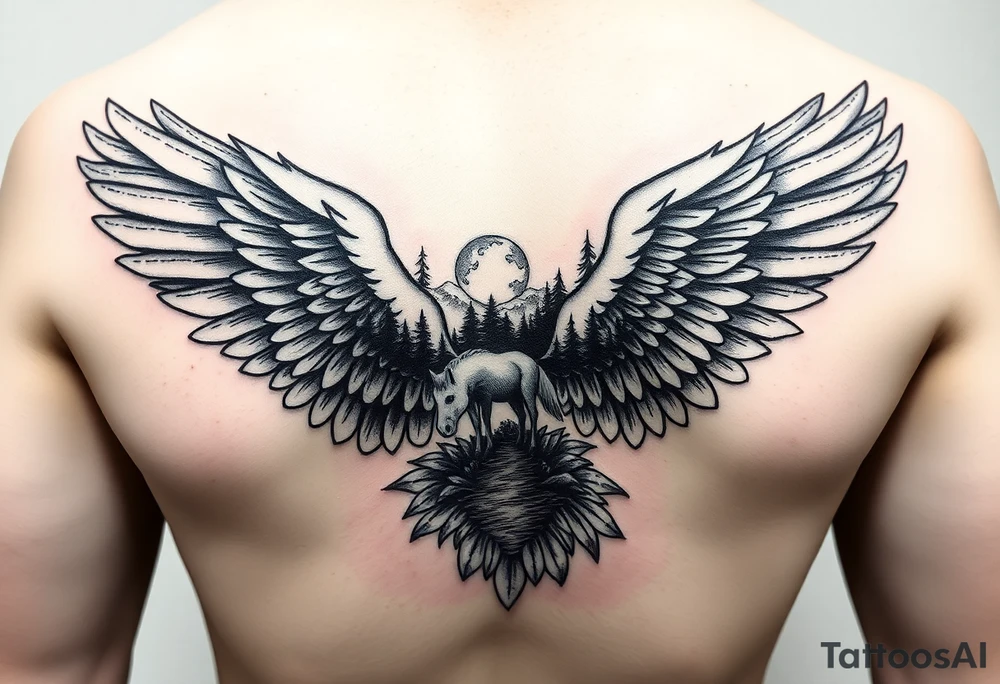 I want an eagle but inside of its wings I want a forest and a little river and maybe a horse drinking from the river. Not too big it has to fit on a 2 inch by 2 inch area tattoo idea