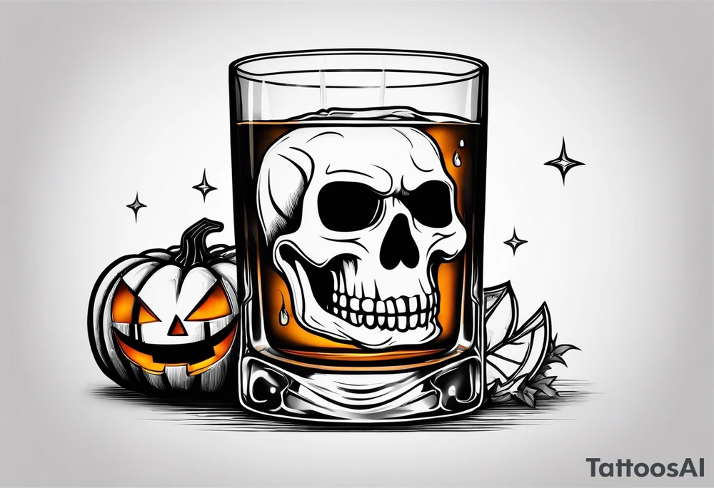 glass of whiskey with one single ice cube that is the Halloween jack-o-lantern tattoo idea