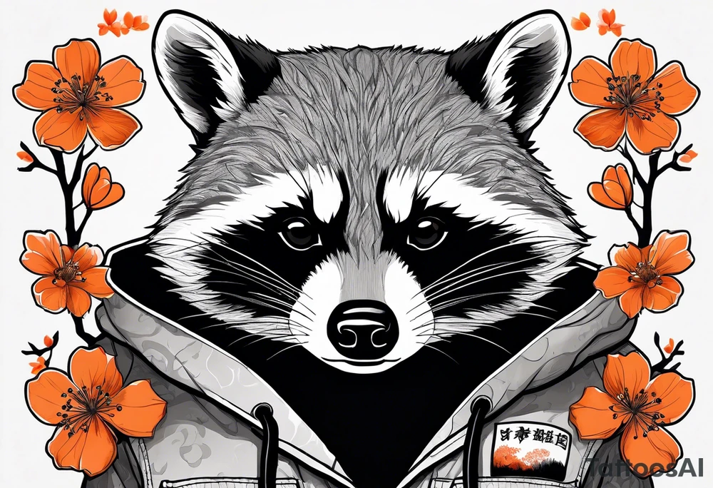 raccoon wearing a black and white Superman hoodie and orange Japanese cherry blossoms tattoo idea