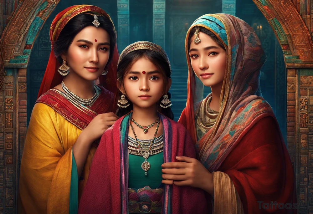 3 female people standing next to each other. The one on the left is a young girl, the one in the middle is a mature woman, the one on the right is a very old woman. They are looking forward.
There are 3 weavers. They symbolize the moirs, old goddesses of destiny. tattoo idea
