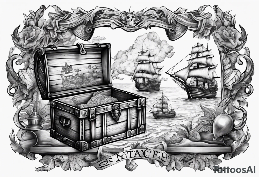 Chest tattoo that is about pirates ,captain ,treasure map no persons no ship tattoo idea