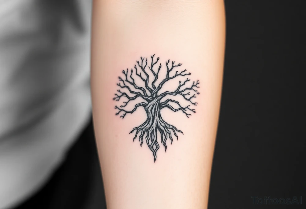 mystical tree of life with cosmic roots and celestial branches old Norse tattoo idea