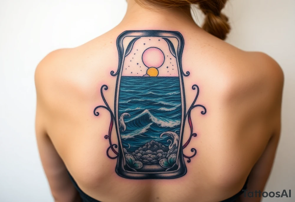 Ocean view from inside of an hourglass tattoo idea