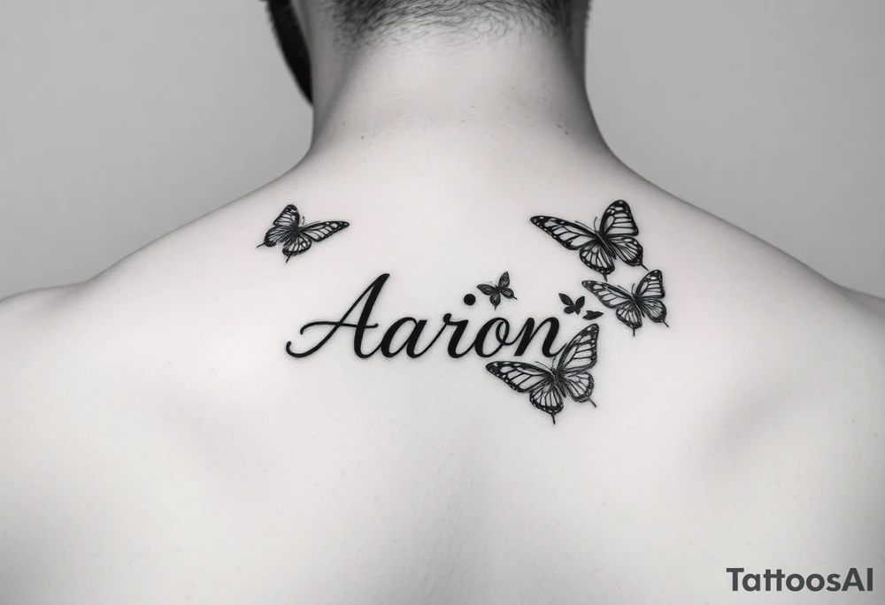 a hand tattoo with the name aaron, add some butterflies and a semicolon tattoo idea