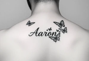 a hand tattoo with the name aaron, add some butterflies and a semicolon tattoo idea