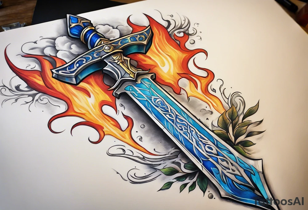 refined, detailed drawing of the Master Sword with the blade partially wrapped in ethereal elemental symbols: flames licking up one side, water flowing down the other, roots climbing the hilt, and wind swirling around the tip. The elements are subtly integrated, creating a harmonious design. tattoo idea