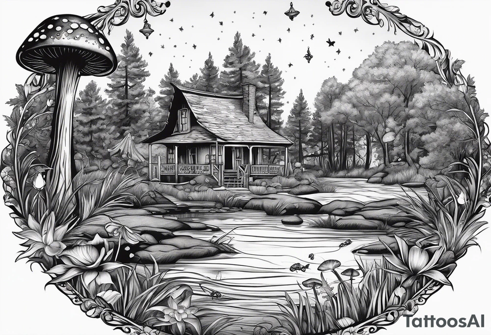 A siren under the stars in a bayou with cypress trees, mushrooms, frogs and bugs. tattoo idea