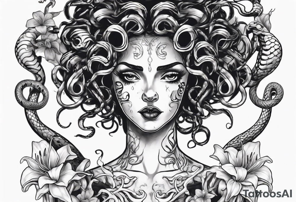 Dark/goth Medusa with white pupils and curly snake hair. Lilies tattoo idea