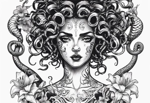 Dark/goth Medusa with white pupils and curly snake hair. Lilies tattoo idea