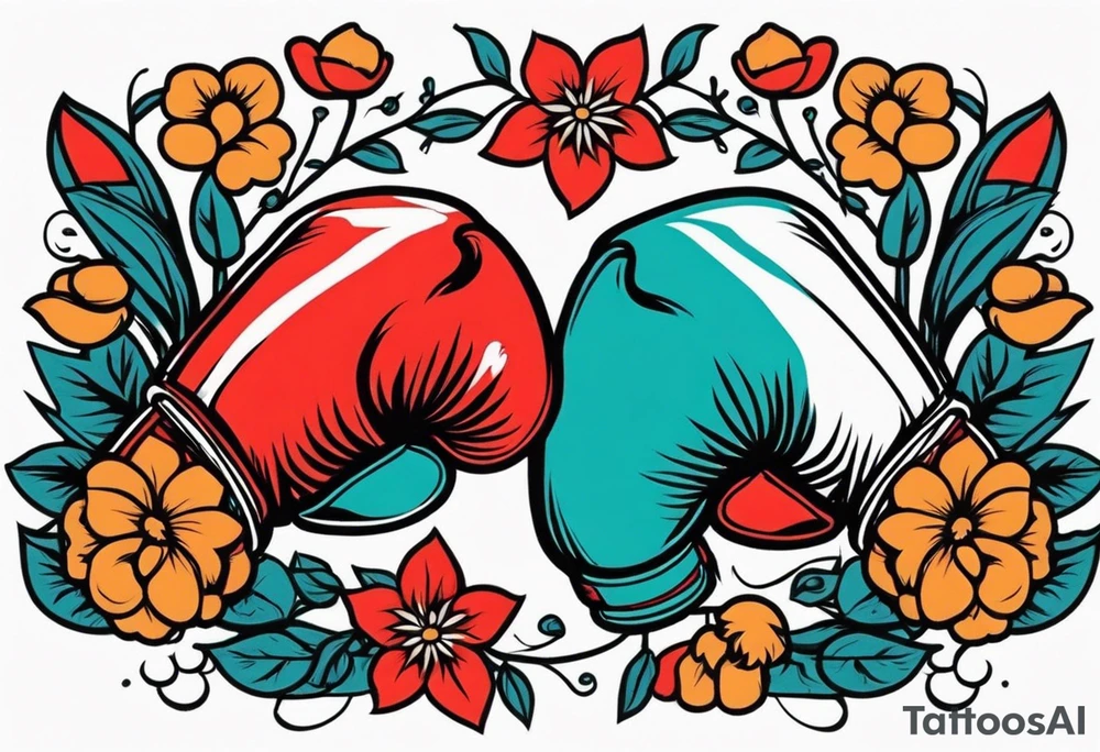 boxing gloves and flowers bold colors traditional old school vintage tattoo idea