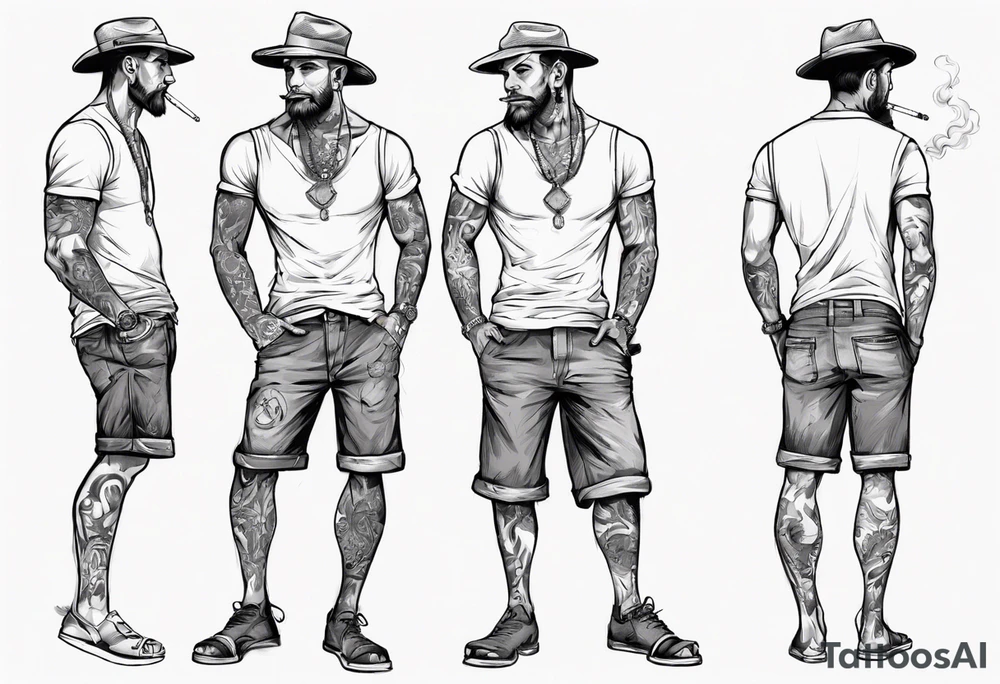 One handsome man in shorts, full-length, no hat, earrings in his ears stands smoking a cigarette tattoo idea