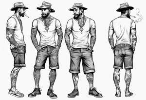 One handsome man in shorts, full-length, no hat, earrings in his ears stands smoking a cigarette tattoo idea