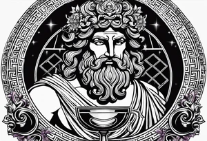 greek god dionysus holding a theatre mask and a goblet of wine. Surrounded by ancient greek geometrical patterns tattoo idea