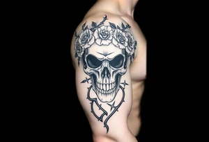 ornate skull adorned with crown of wild roses and thorns tattoo idea