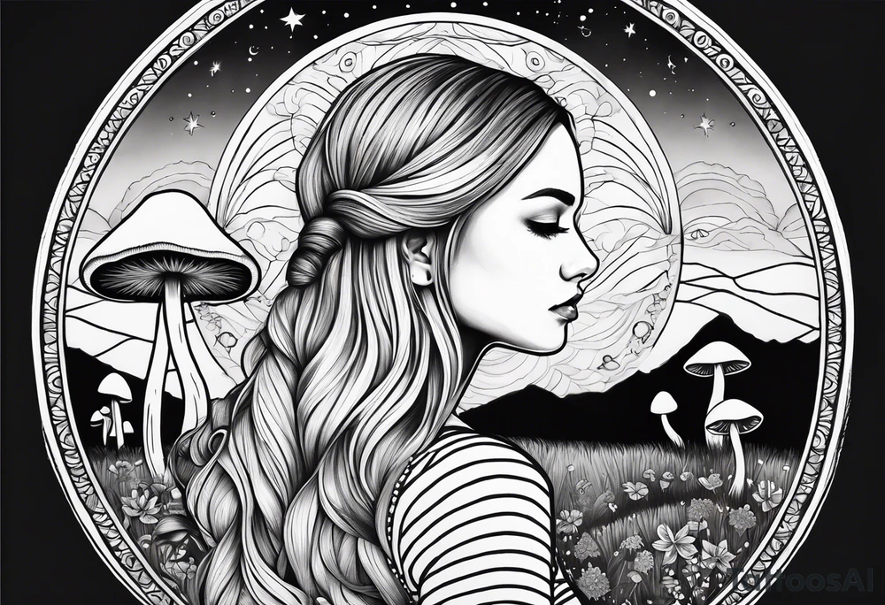 Straight blonde hair girl facing away toward mountains surrounded by mushrooms crescent moon mandala circular design black and white striped dress "8" in hair tattoo idea