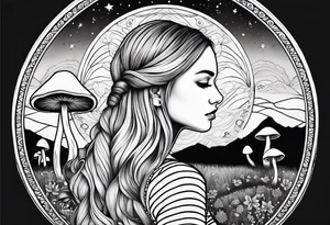 Straight blonde hair girl facing away toward mountains surrounded by mushrooms crescent moon mandala circular design black and white striped dress "8" in hair tattoo idea