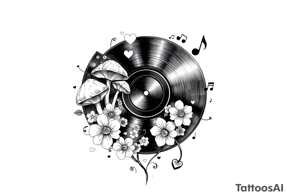 vinyl record with mushrooms, flowers, hearts, and music notes tattoo idea