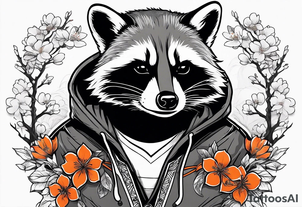 raccoon wearing a black and white Superman hoodie and orange Japanese cherry blossoms tattoo idea