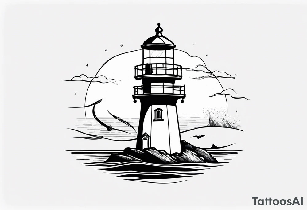 Farol no oceano em mar agitado bem delicado, e navio ao fundo tattoo idea