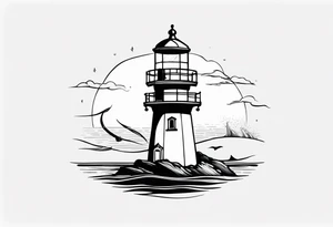 Farol no oceano em mar agitado bem delicado, e navio ao fundo tattoo idea