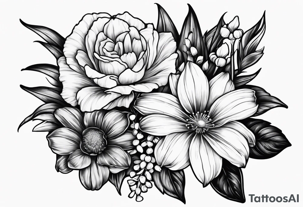 Two roses, two daisies, one daffodil, one chrysanthemum, one gladiolus, one lily of the valley tattoo idea