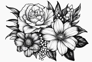 Two roses, two daisies, one daffodil, one chrysanthemum, one gladiolus, one lily of the valley tattoo idea
