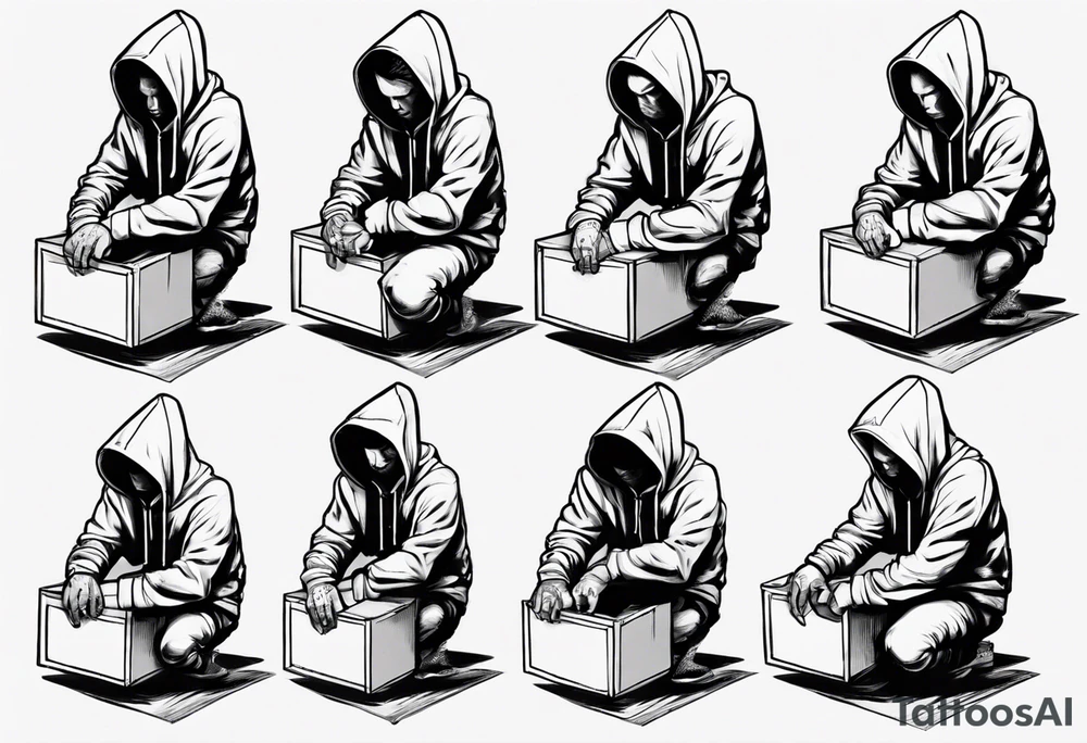 A human in a hoodie sitting on a box, looking down. tattoo idea