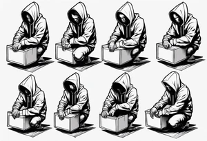 A human in a hoodie sitting on a box, looking down. tattoo idea