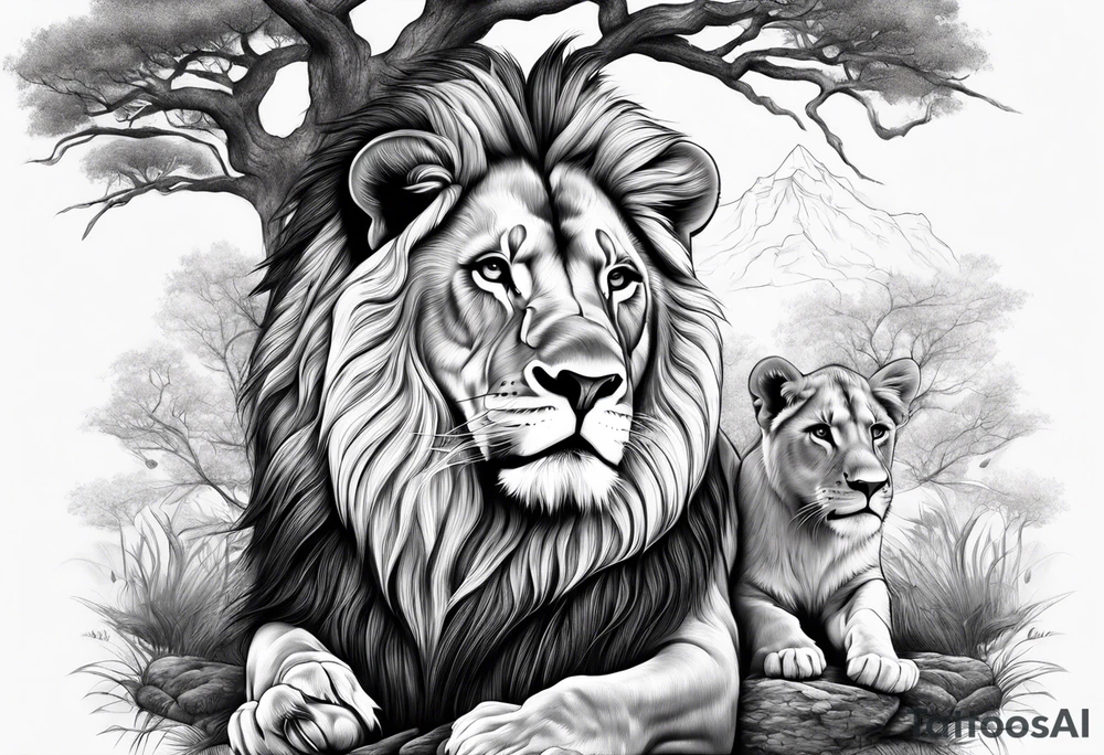 in front a tree in back ground a lion and is family tattoo idea