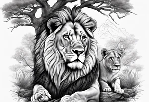 in front a tree in back ground a lion and is family tattoo idea