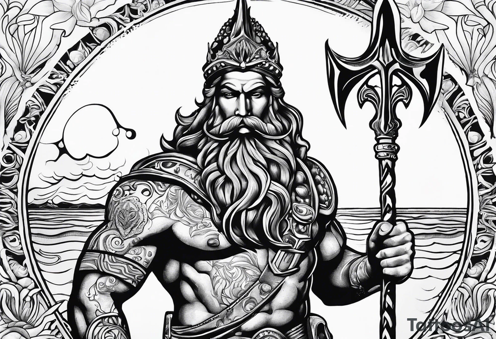Scuba diver holding a trident of Poseidon tattoo idea