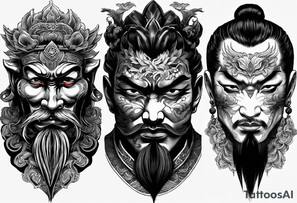 The Japanese say you have three faces. The first face, you show to the world. The second face, you show to your close friends and your family. The third face, you never show anyone.

make it for a chest piece and make it darker tattoo idea