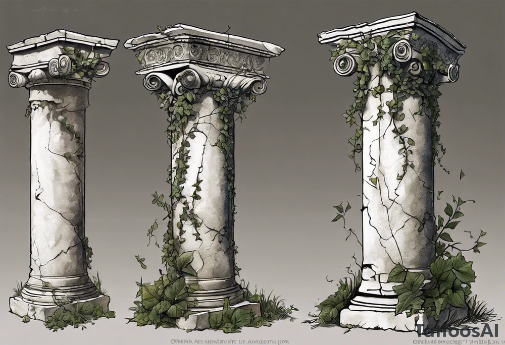 I want an ancient Roman pillar, with apparent cracks on it and a little bit of overgrown plants such as, but not limited to, ivy. The top part of the pillar has fallen off and is found to the right of the pillar. The top part shows that it is an Ionian pillar and has the word "OMNIA" written on it. The tattoo has some shading as the pillar is turned very slightly, about 10 degrees, to the right. tattoo idea