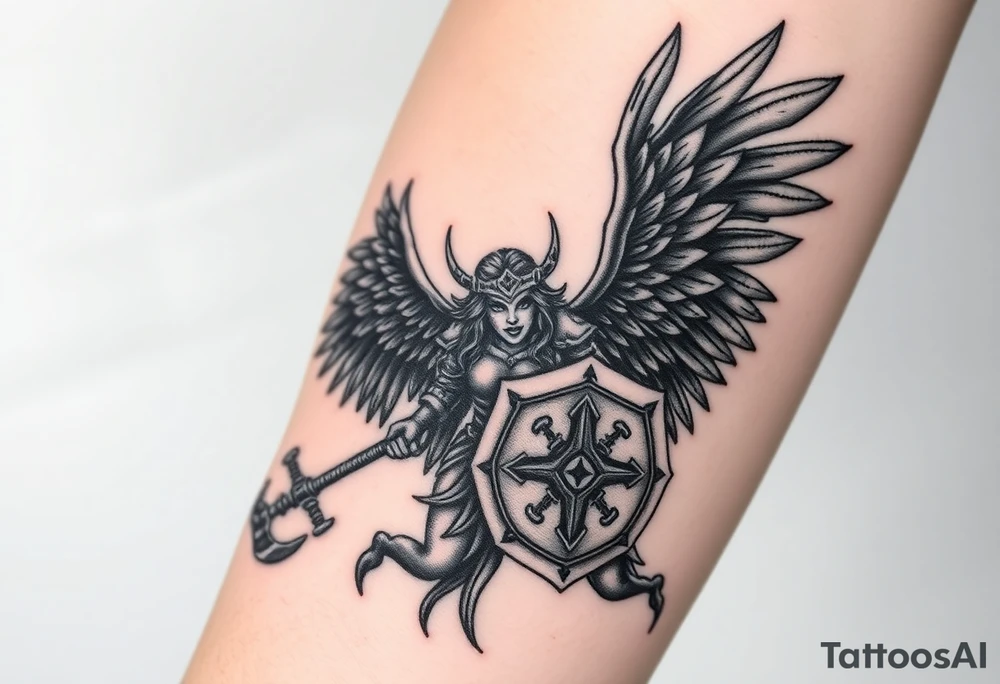 A fierce looking Valkyrie with very big dark wings. The whole body should be visible. 
She's wielding a menacing axe and a sturdy shield with a vegvisir symbol. 

Her face is really attractive but screaming with battle rage.

She's heavily armored and ready for battle tattoo idea