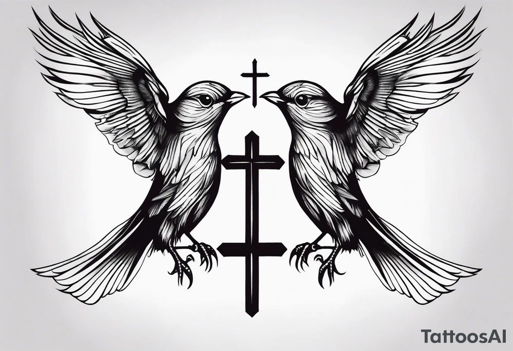 Two birds on forearm flying towards each other one below the other and up towards with a cross in between them tattoo idea