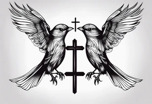 Two birds on forearm flying towards each other one below the other and up towards with a cross in between them tattoo idea