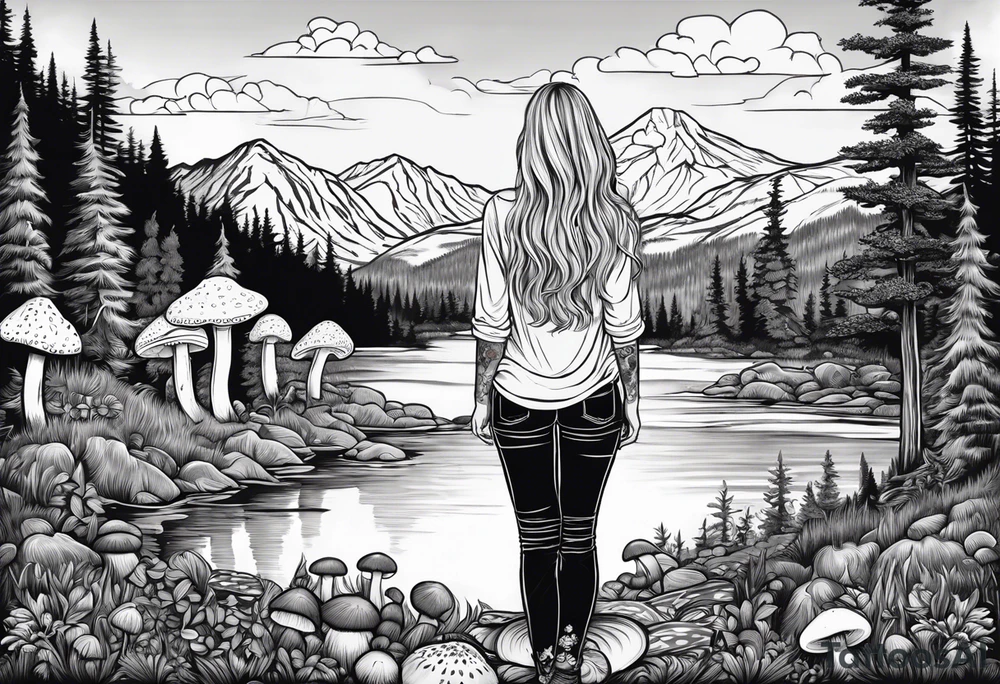 Whole picture encircled fully

Straight long blonde hair hippie girl in distance holding mushrooms in hand facing away toward mountains and creek surrounded by mushrooms long sleeve shirt and hiking pants; whole rendering within a full circle, no cut off circle tattoo idea
