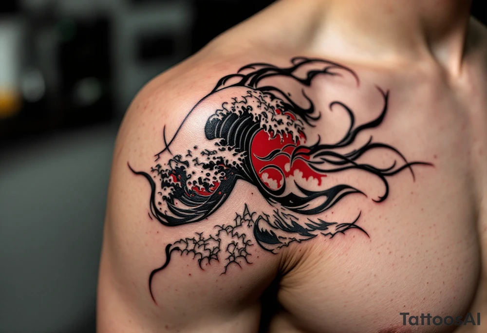 A tribal-style wave in bold black with red accents sweeps across the shoulder blade. tattoo idea