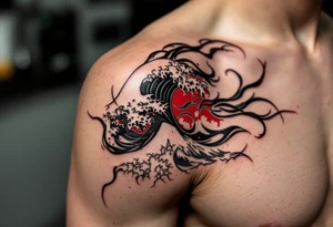 A tribal-style wave in bold black with red accents sweeps across the shoulder blade. tattoo idea