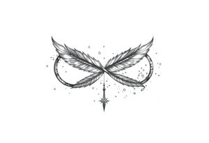 infinity symbol woven with floating feathers and stardust tattoo idea
