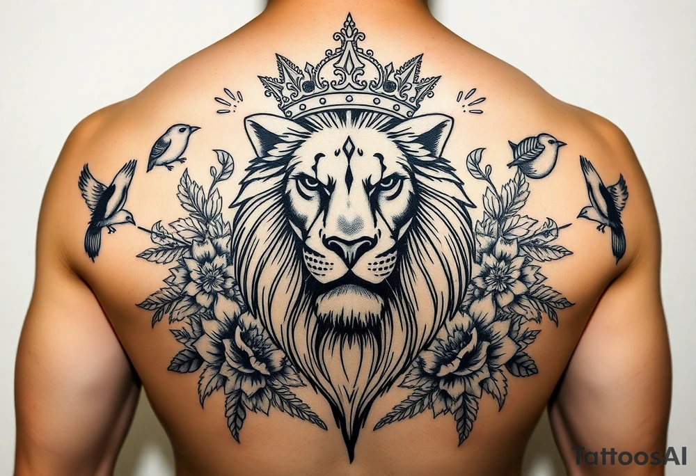 powerful majestic lion with a crown, surrounded by floral ornaments and birds tattoo idea