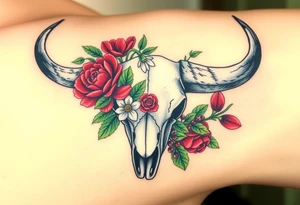 Buffalo or bison skull with flowers. Red Peony, snowdrop, green holly with red berries, purple larkspur,  red peony. Colour. For upper arm or shoulder. Masculin. tattoo idea