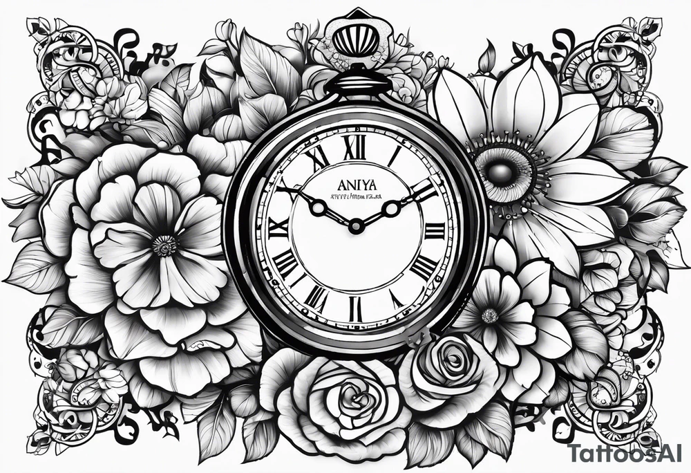 Aniya 6:51pm, Amari 4;57pm, Ameer 5:33am flower clocks teddybears half sleeve children deducation tattoo idea