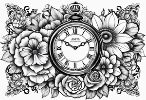 Aniya 6:51pm, Amari 4;57pm, Ameer 5:33am flower clocks teddybears half sleeve children deducation tattoo idea