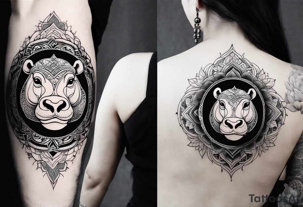 Very asymmetrical, +geometric pattern, with realistic full moon, with seeious looking hippo, +zen feel, + Buddhism touch, +tribal, +geometric
with wintersweet flower bud, +portrait orientation, +inkart touch, tattoo idea