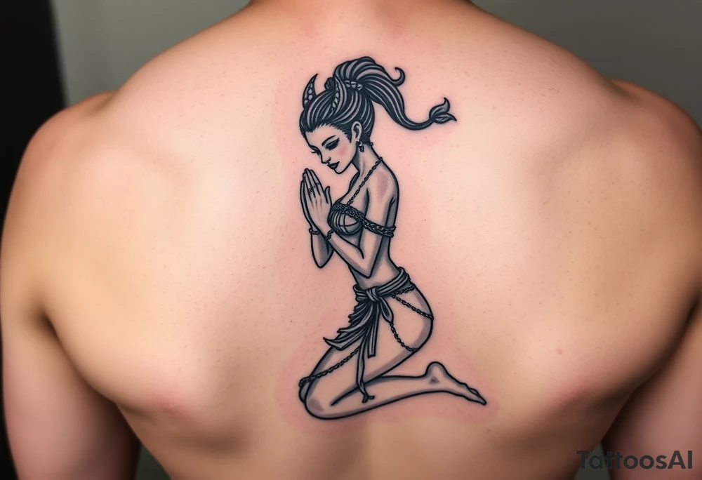 oni female in kneeled praying position, wearing revealing clothing tattoo idea