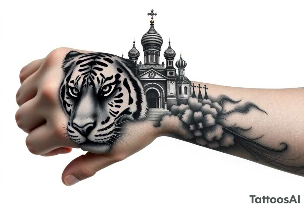 Realistic tiger face on the back of the hand with strong contrast and fine detail with hollow black eyes. with a highly detailed Russian Orthodox cathedral sitting above on fore arm with onion domes and orthodox crosses, done in fine line, engraving-like style. Cohesive composition, black ink only, no color, high contrast, slightly aged, documentary-style, plain light background. with clouds above and a virgin mary 
spanning from my hand to lower fore arm tattoo idea